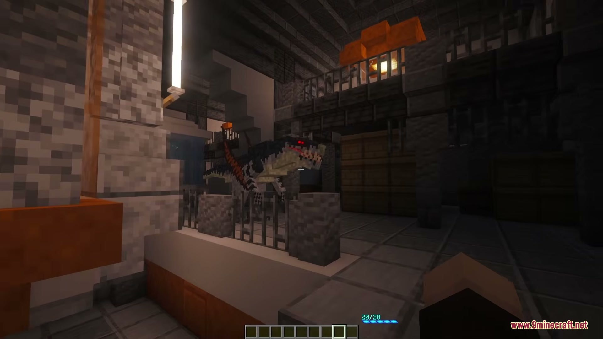 A dangerous predatory dinosaur prowls through a dark and abandoned research laboratory