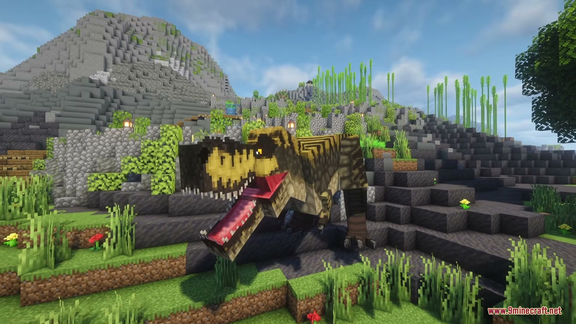 A giant Tyrannosaurus rex roars in a rocky Minecraft mountain biome