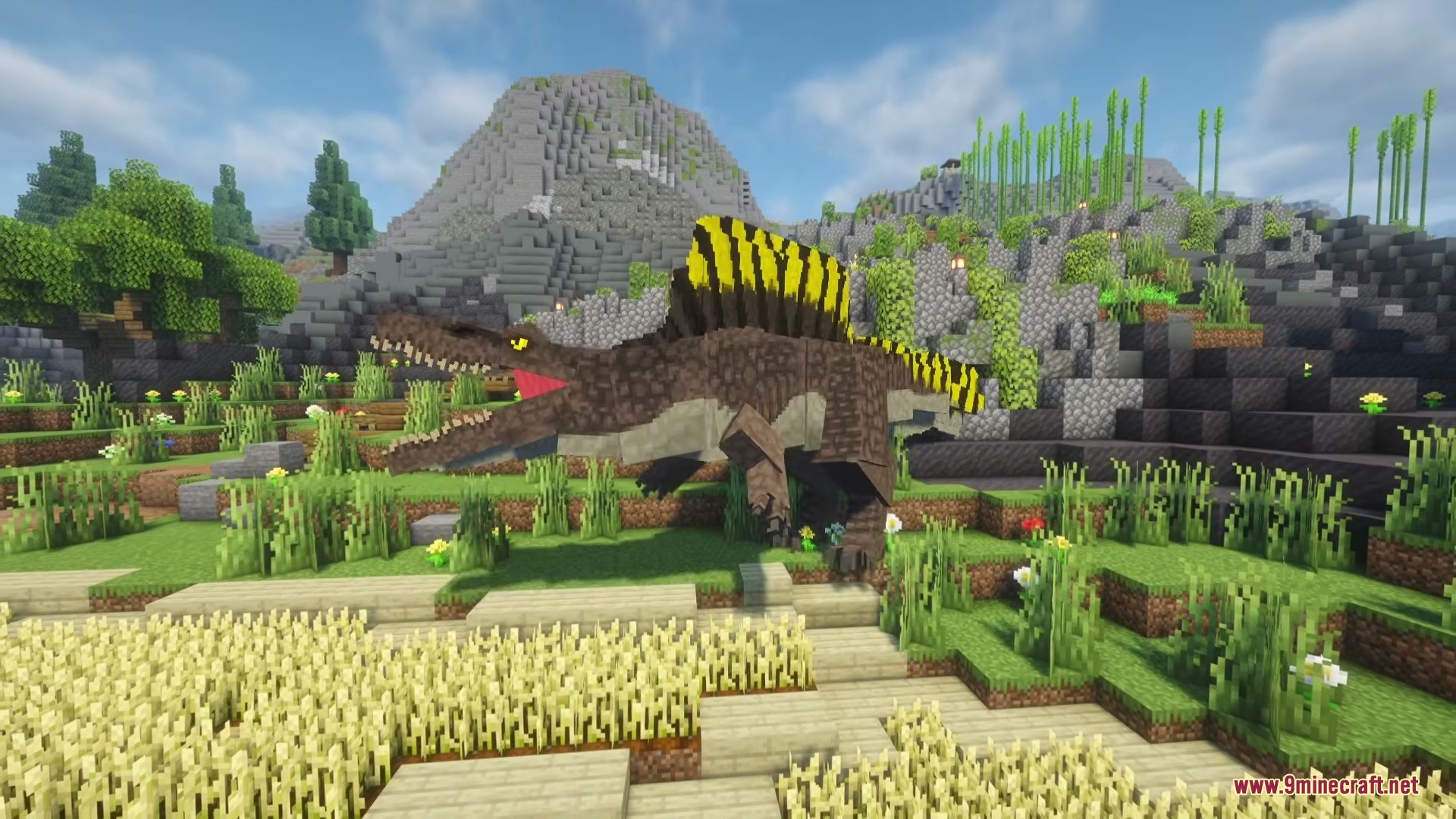 A Spinosaurus with a yellow sail stands in a Minecraft wheat field