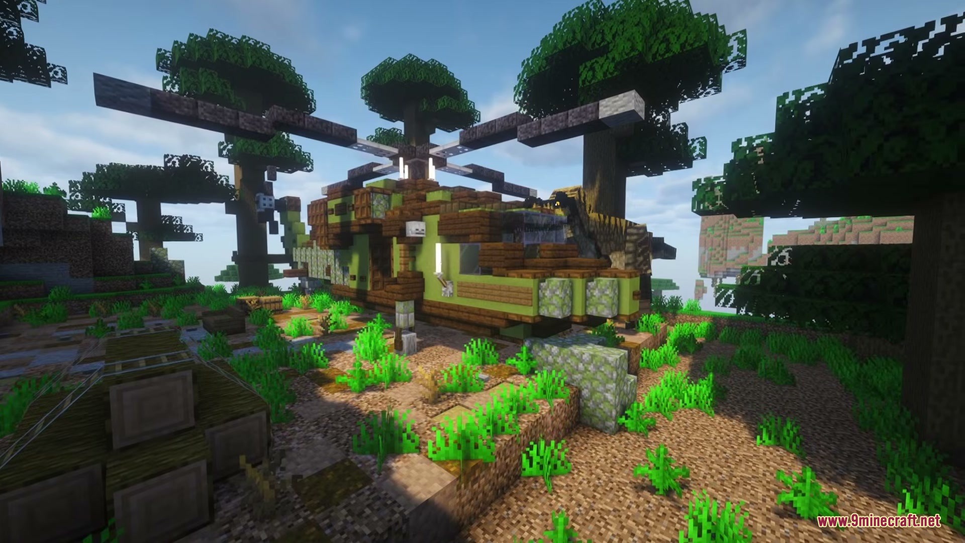 An abandoned crashed helicopter structure found within a dense Minecraft forest biome