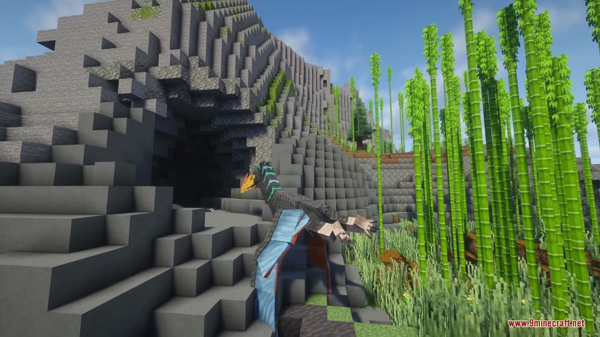 A large flying reptile glides past a cave entrance in a bamboo forest
