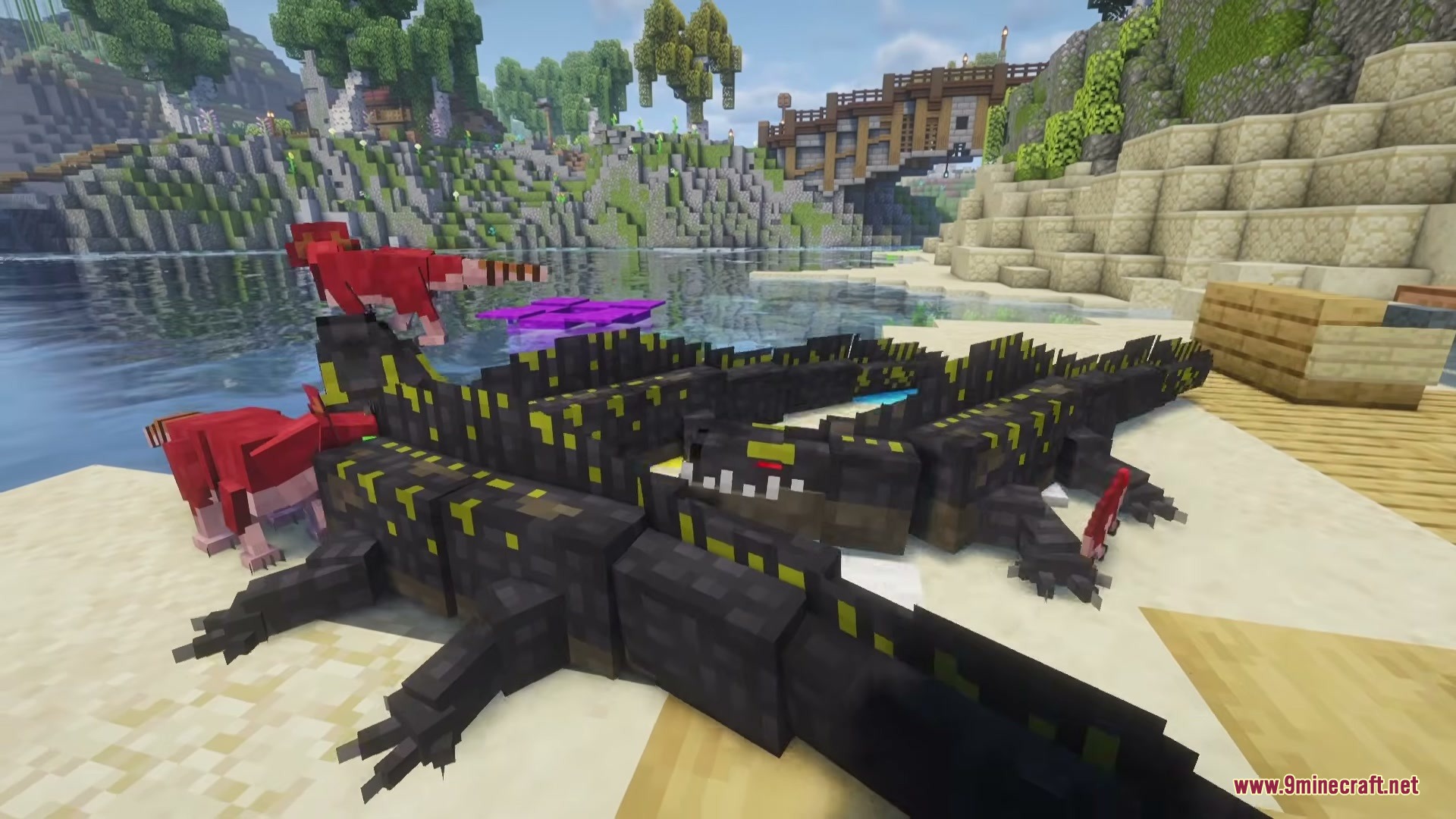 A massive Spinosaurus and small raptors resting on a sandy beach
