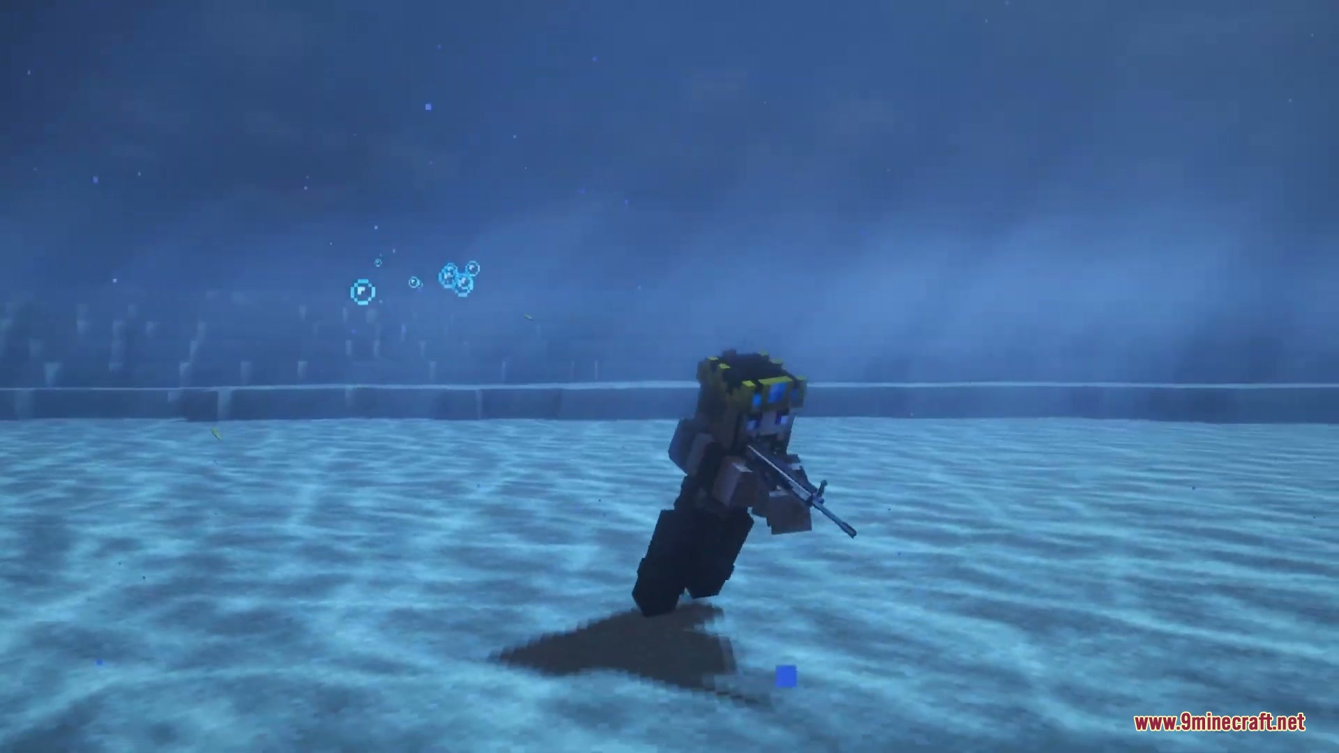 Prone Velocity Mod Screenshot 4 A player character lies prone on the ocean floor while aiming a gun