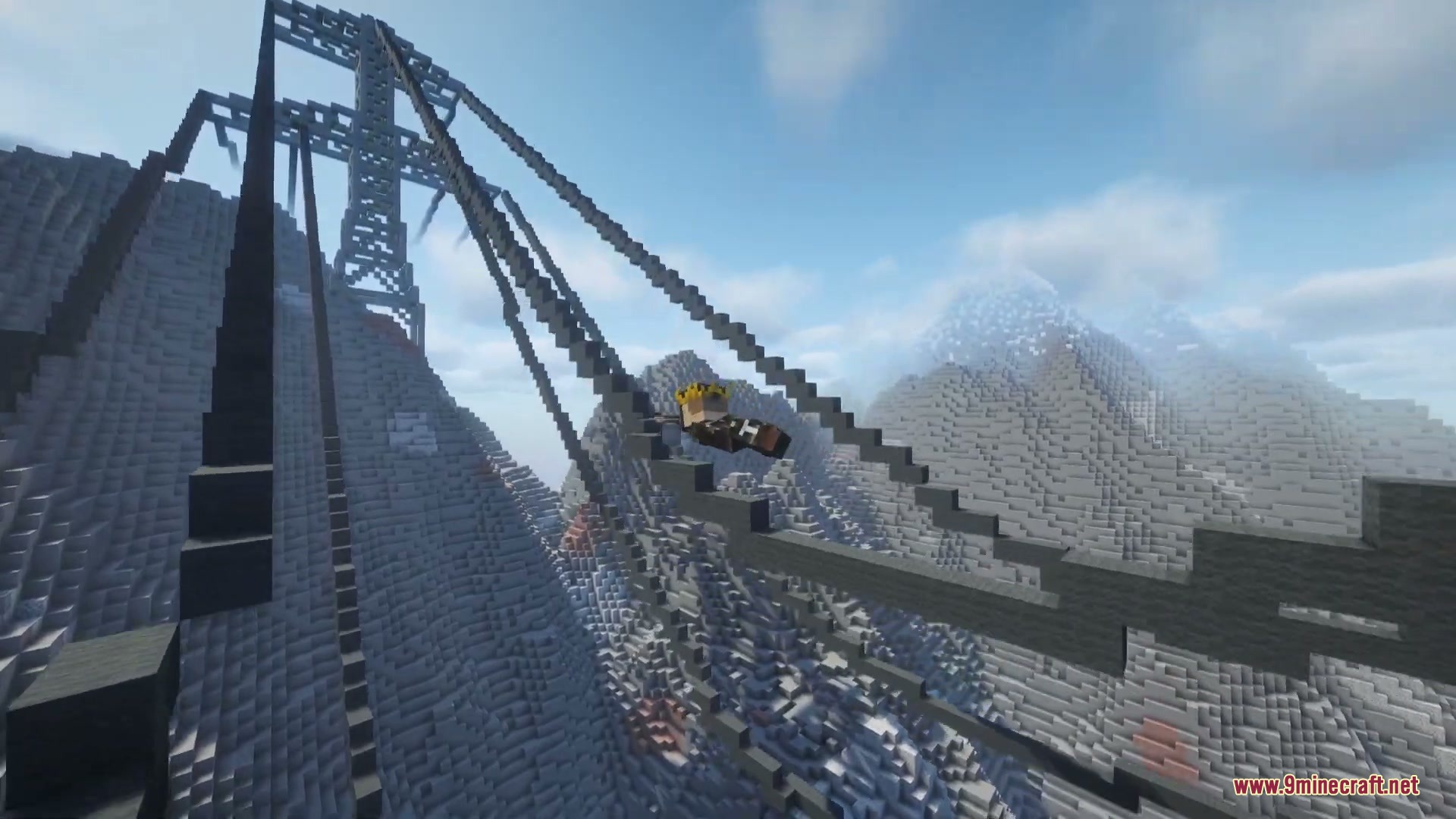 Prone Velocity Mod Screenshot 6 Minecraft player launches forward through the air between massive grey stone structures