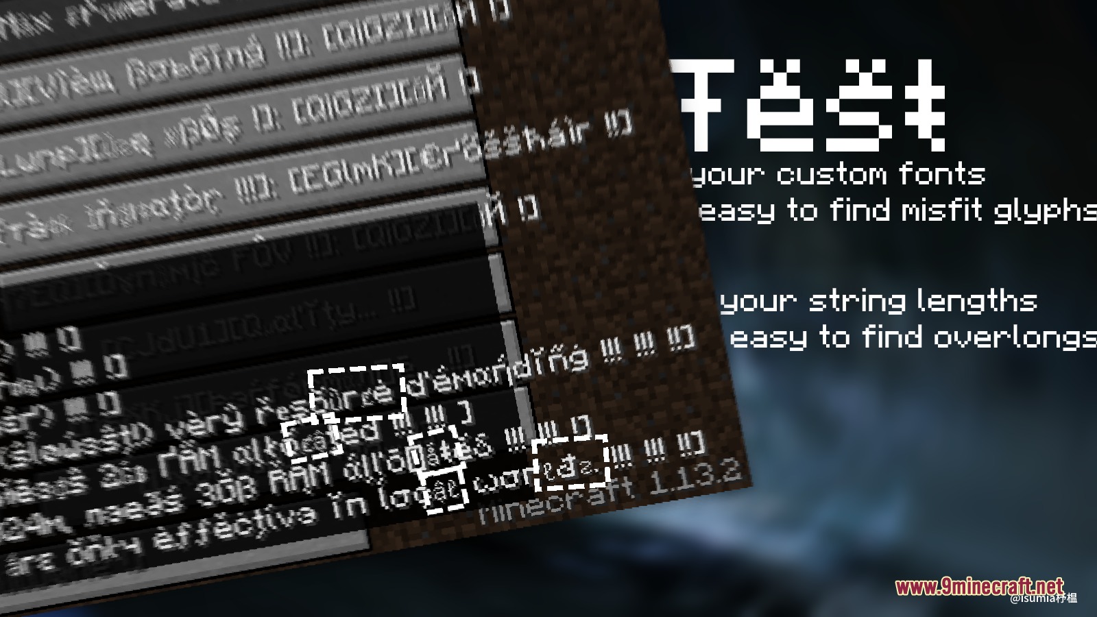 Pseudo Localization Language Pack showing distorted text for font and layout testing