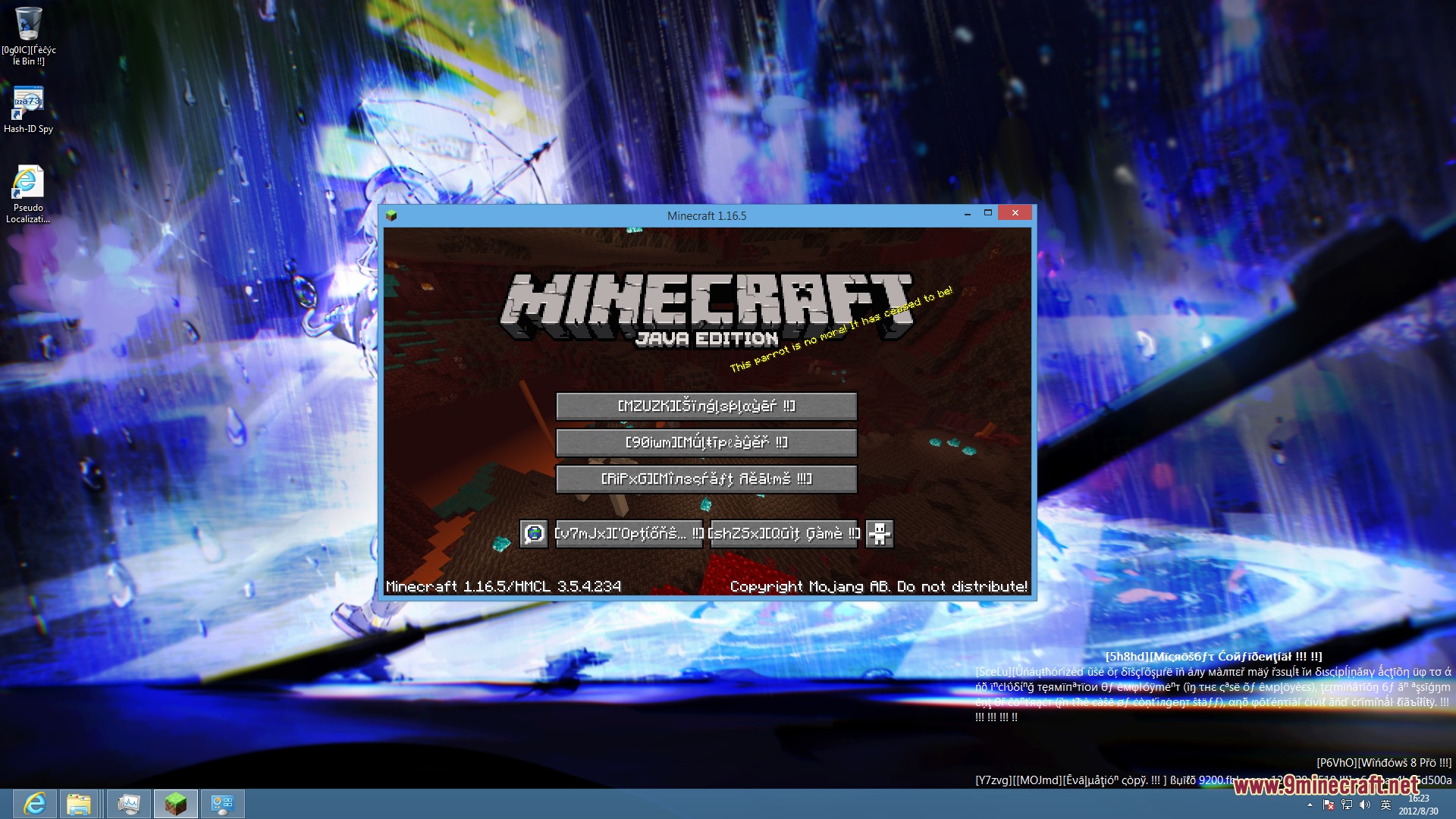 Minecraft main menu displaying garbled text and symbols on the buttons