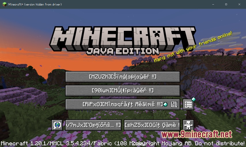 Minecraft main menu with cherry blossom background and distorted text characters