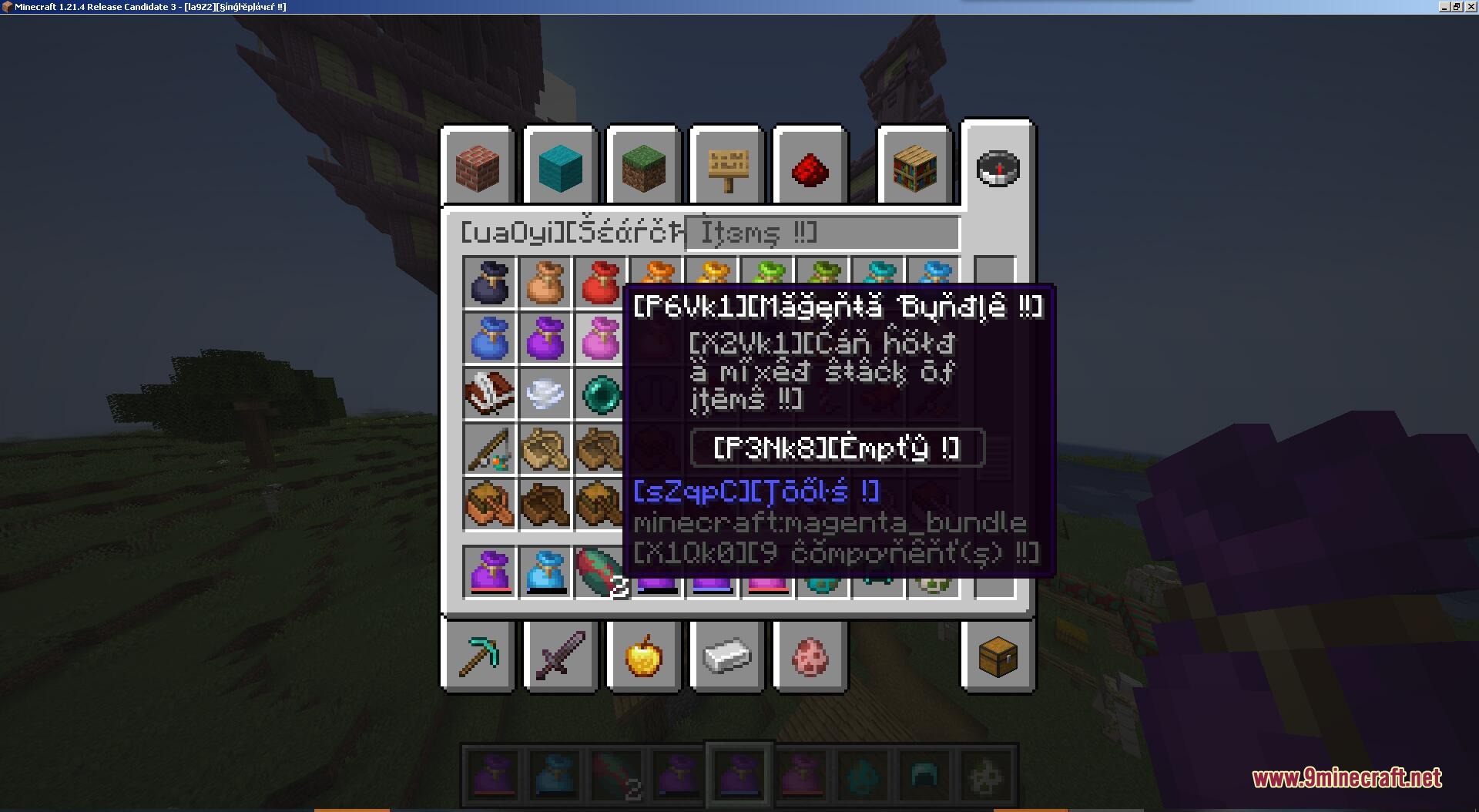 Minecraft inventory screen showing colored bundles with strange pseudo localized text