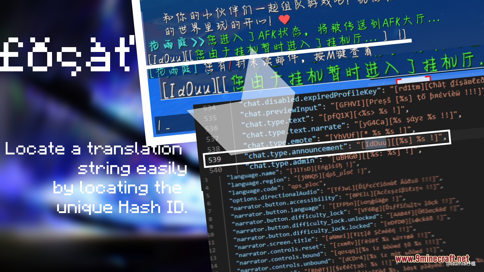 Showcase of chat messages and translation strings with unique hash identifiers