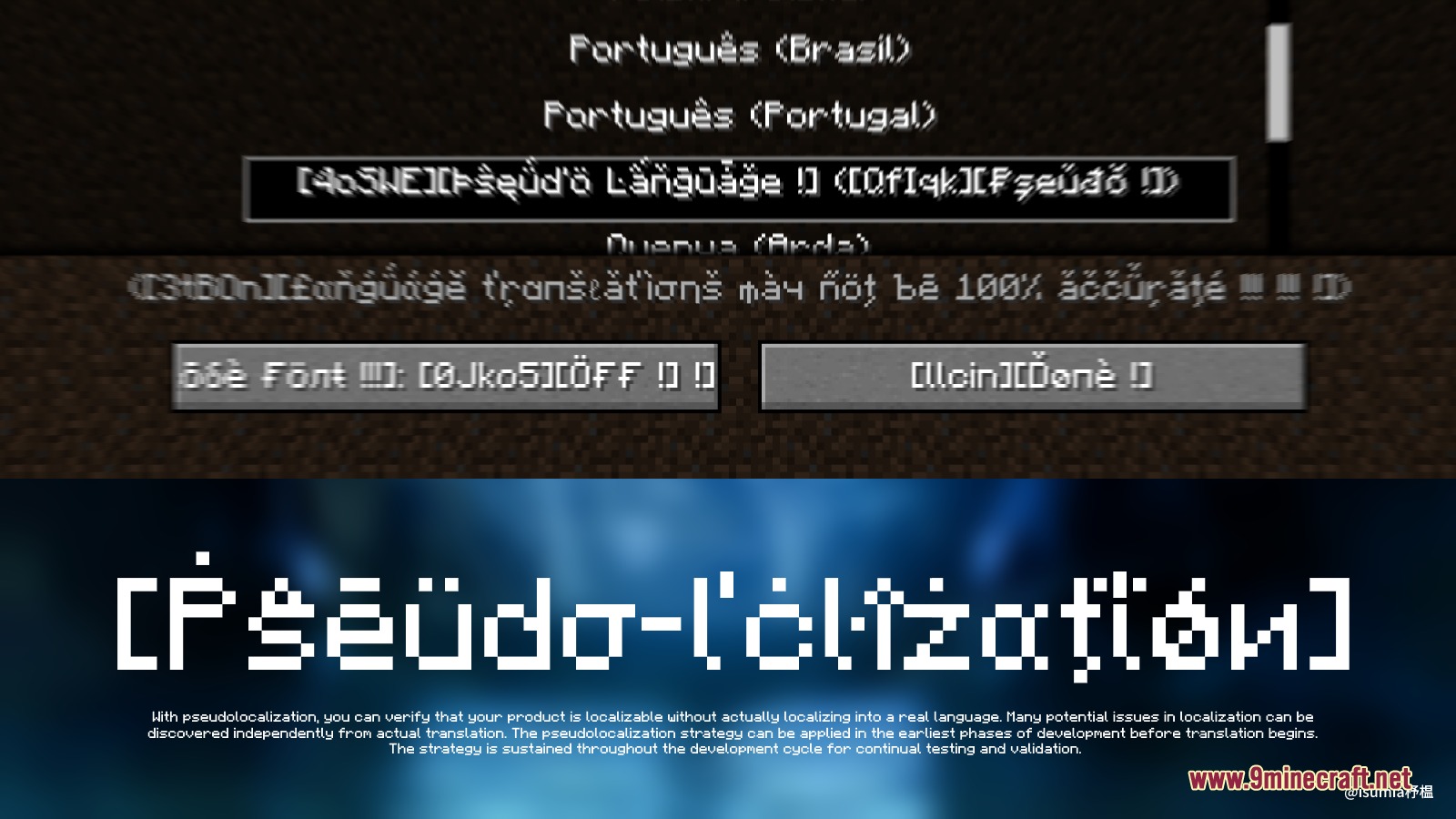 Minecraft language settings menu showing distorted text with various accents and symbols