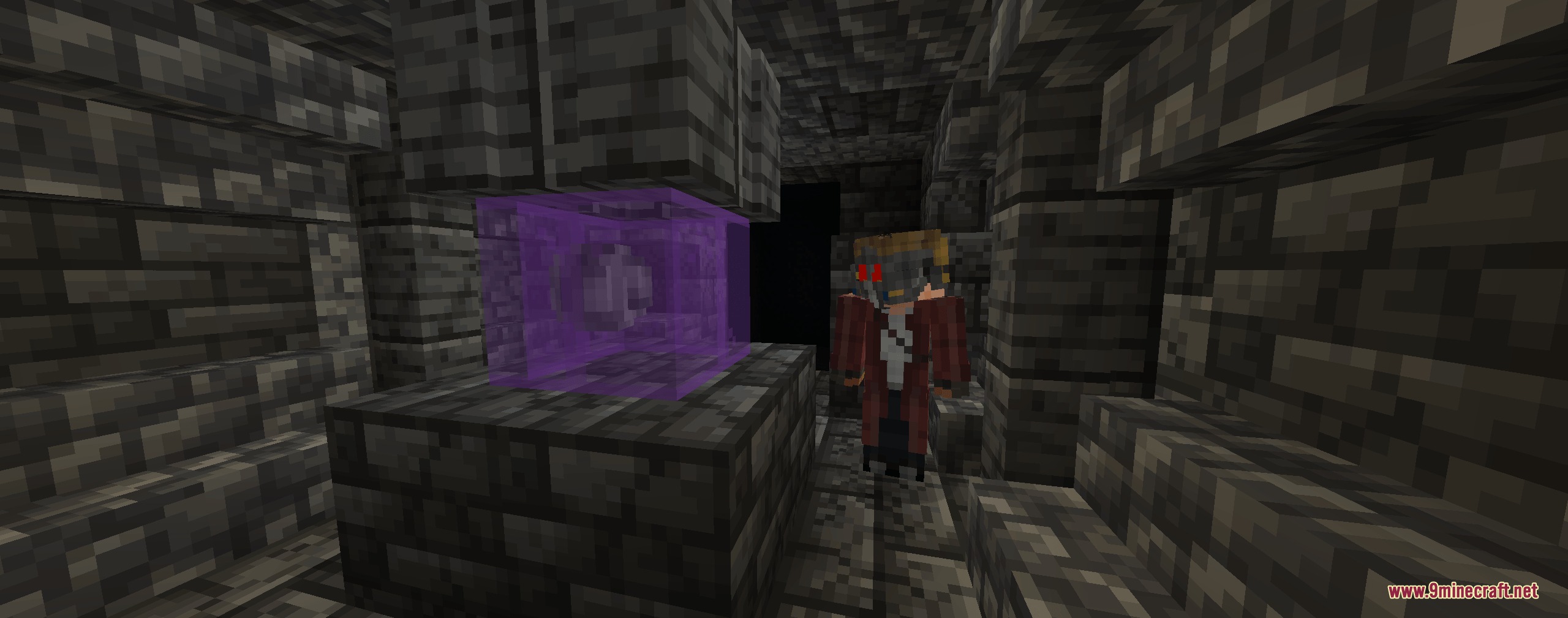 Pugmeowla's Infinity Stone Core Mod Screenshot 1 Star Lord character finds the purple Power Stone orb in a dark stone structure