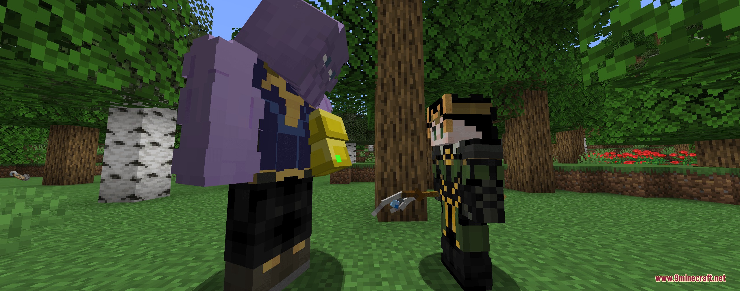 Pugmeowla's Infinity Stone Core Mod Screenshot 4 Thanos wearing the Infinity Gauntlet stands next to Loki in a green forest