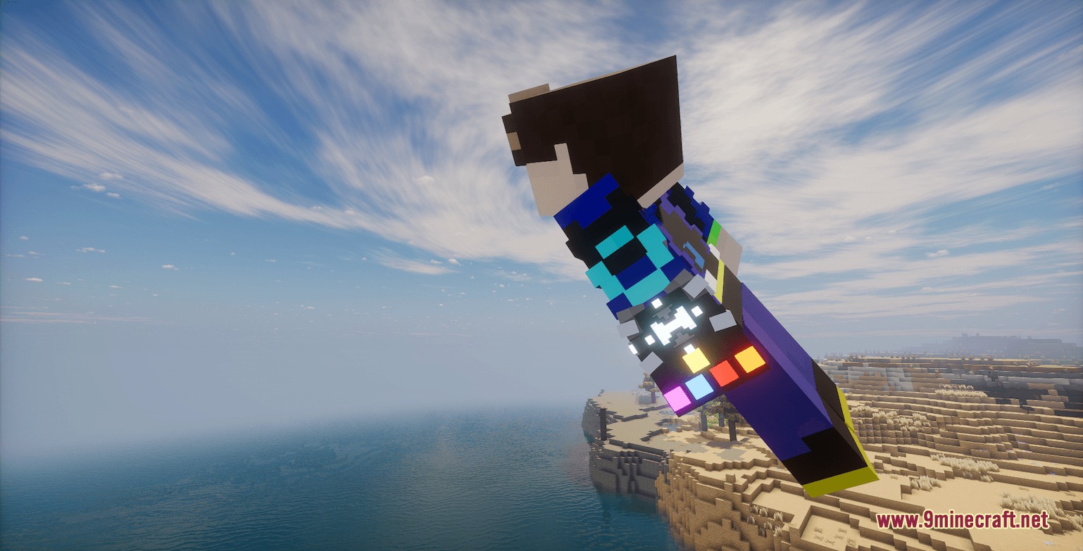 A Minecraft player flying through the sky wearing a glowing cosmic wrist device