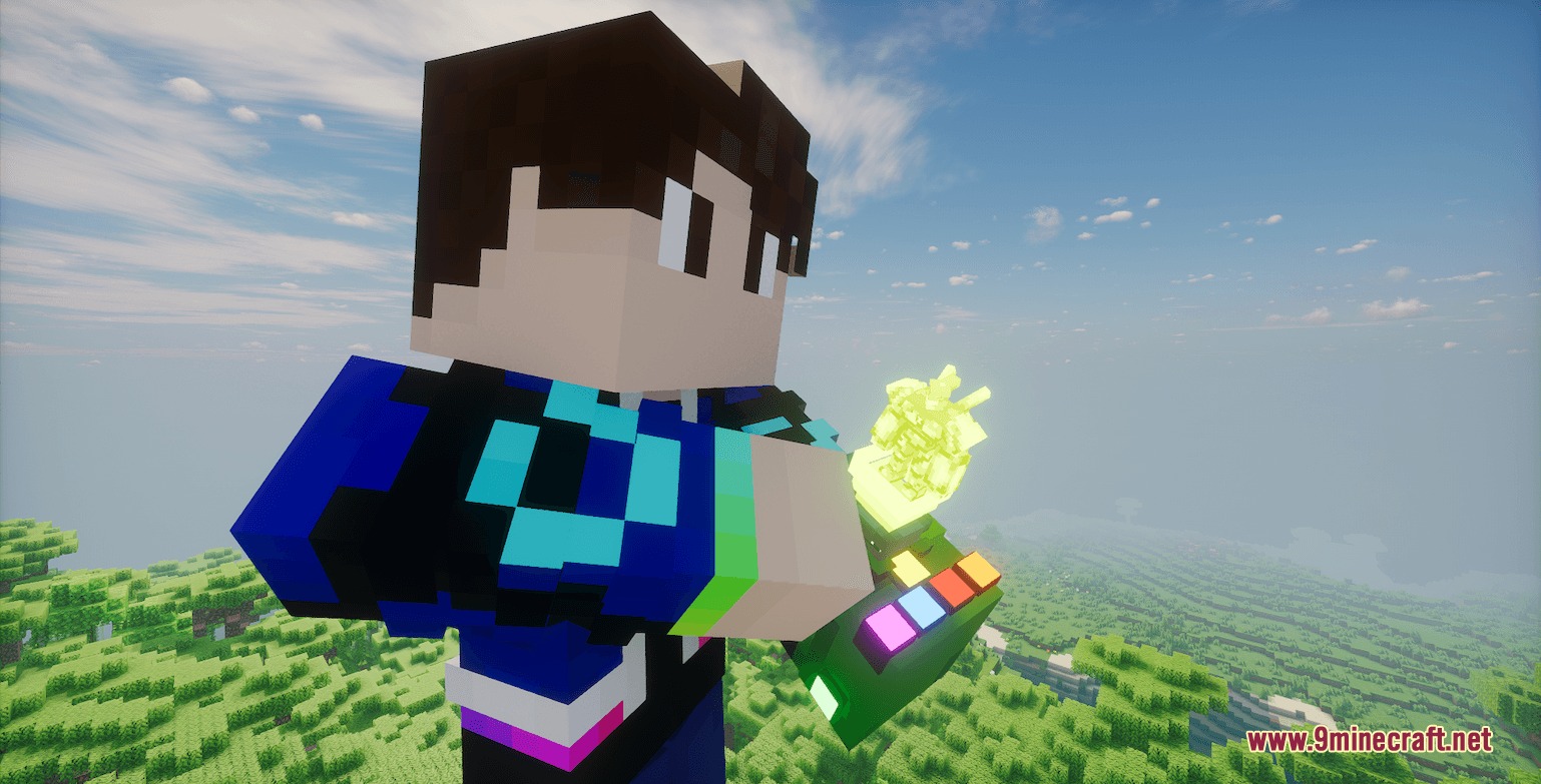 A Minecraft character examines a green wrist device with glowing yellow infinity stones