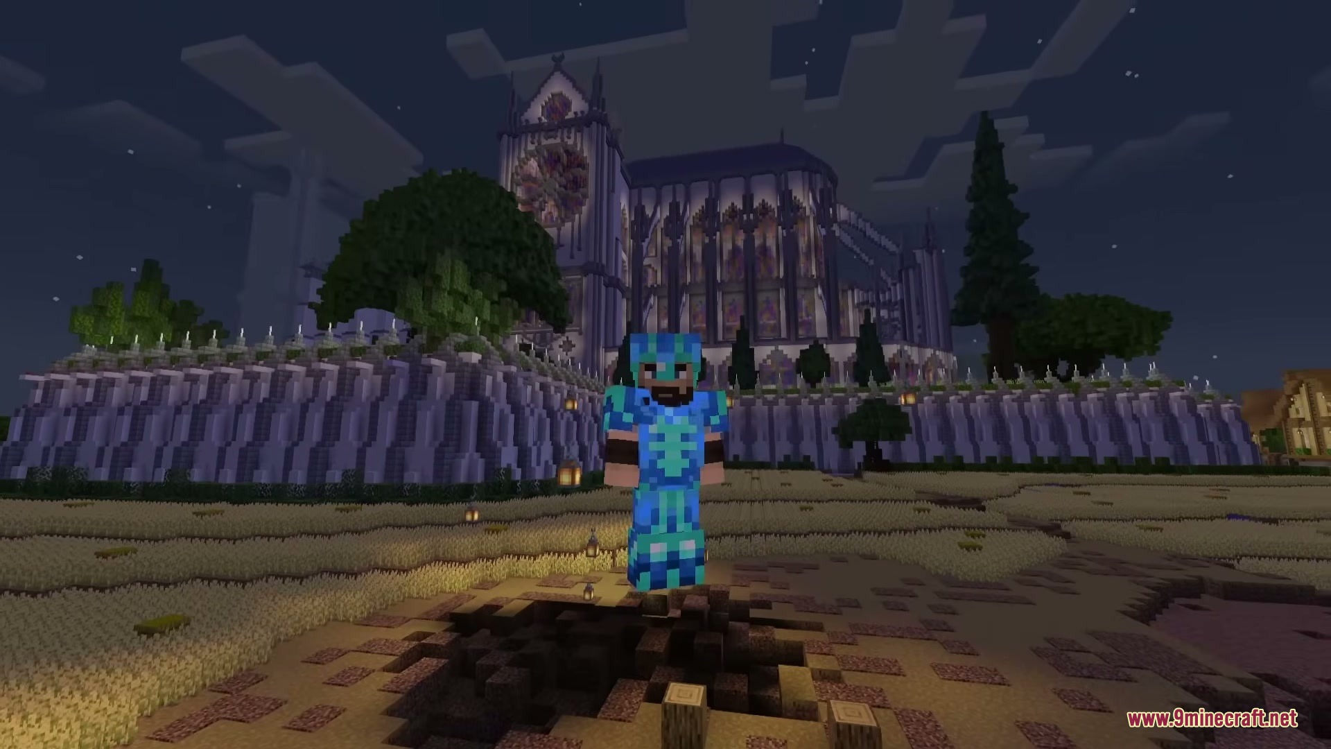 Pulse Trims Mod Screenshot 3 Player wearing glowing blue armor trims stands before a massive stone cathedral
