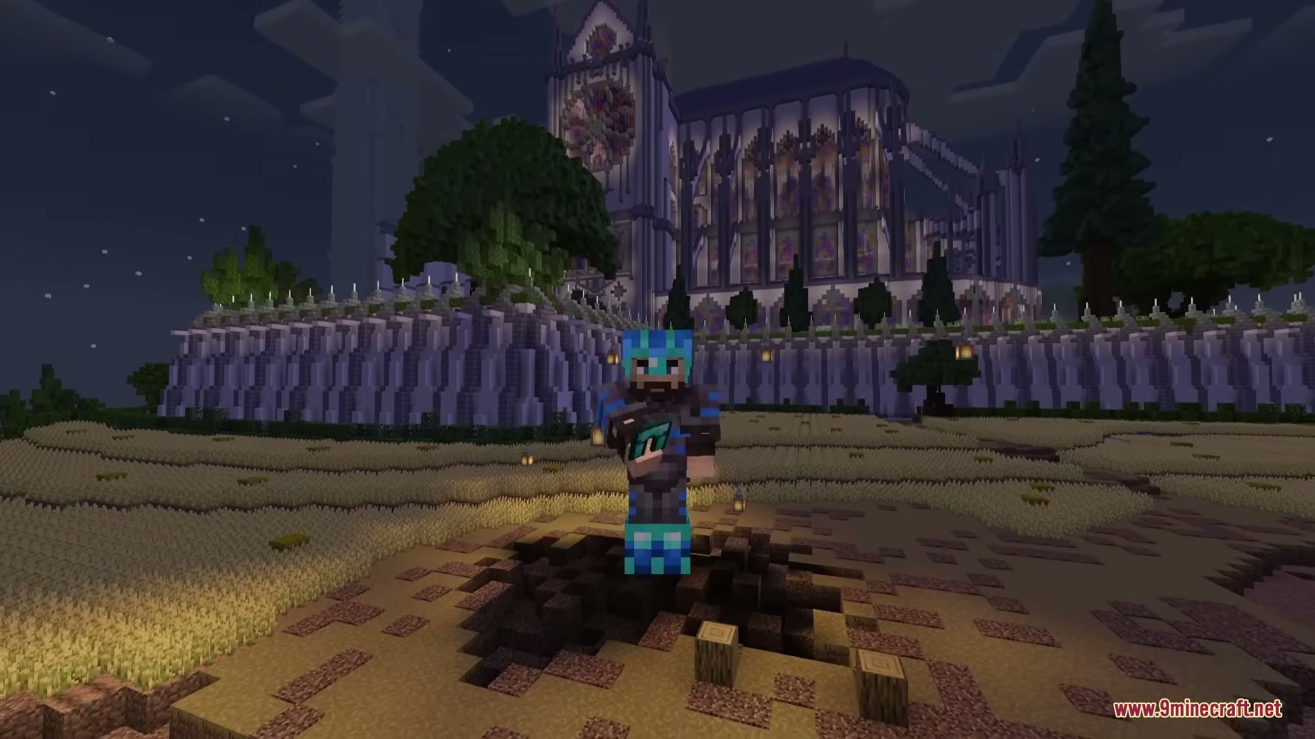 Pulse Trims Mod Screenshot 4 Player wearing armor with pulsing light effects holds an item in the dark