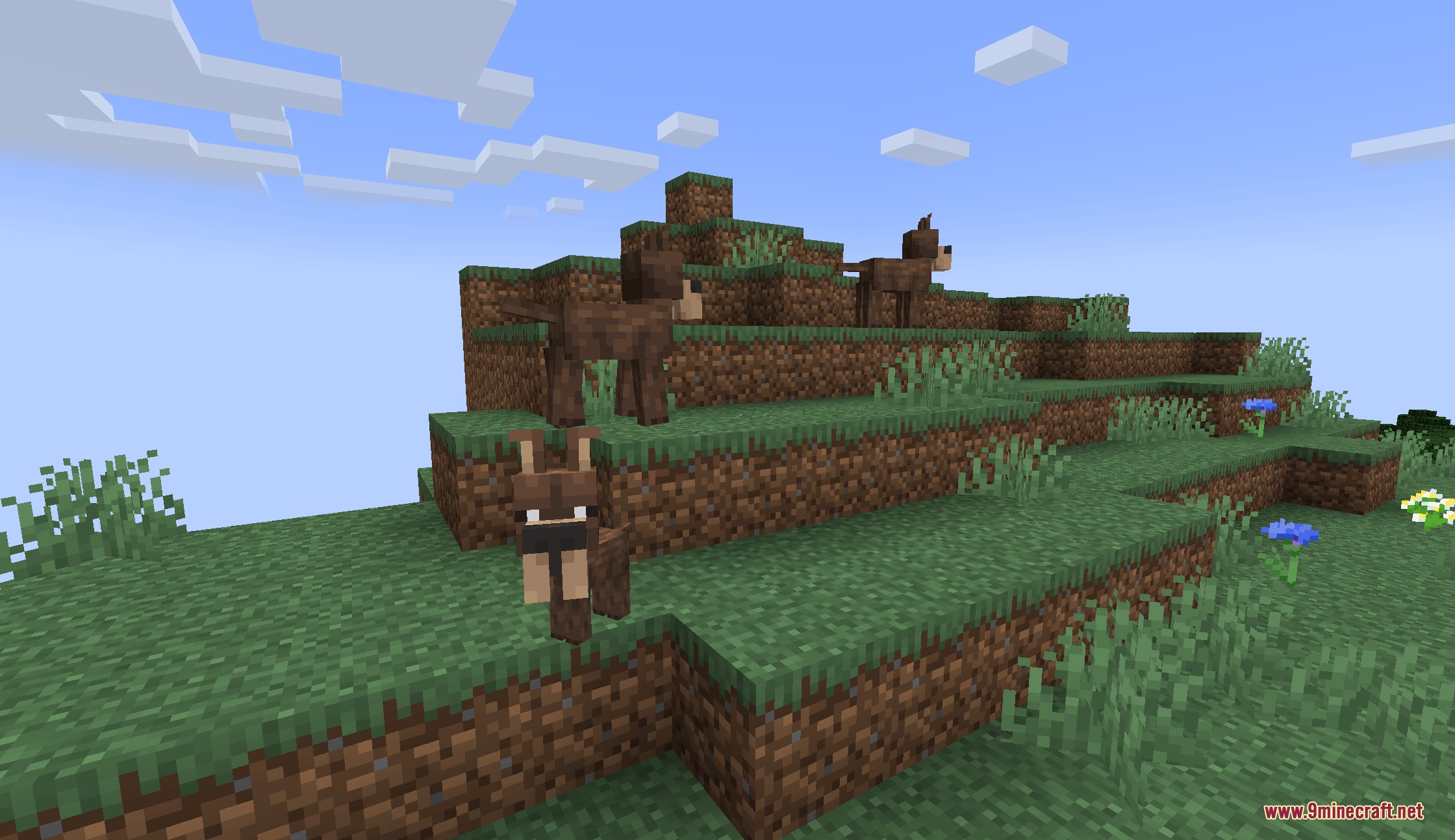 Puppy Paws Mod Screenshot 3 Three brown dogs wandering through a grassy hill in the Minecraft world
