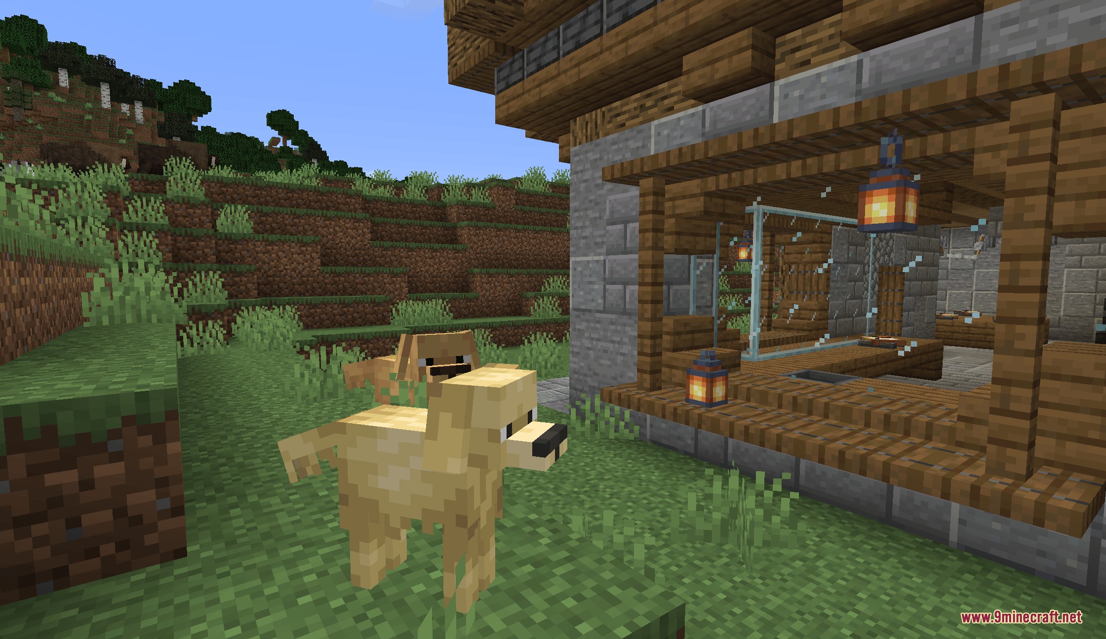 Puppy Paws Mod Screenshot 5 Two Golden Retrievers standing on grass outside a cozy wooden Minecraft house