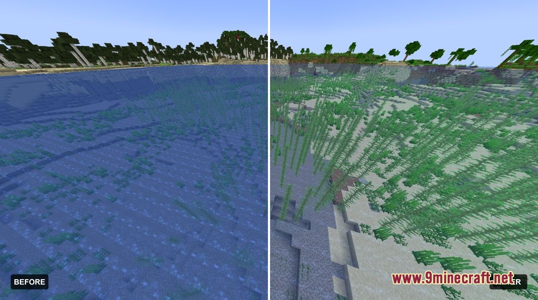 A split screen showing clear water visibility compared to default murky water