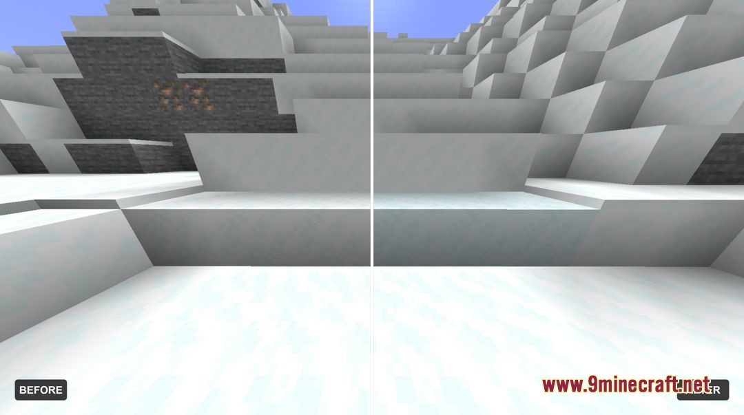 Comparison showing improved visibility of powdered snow blocks in a snowy biome