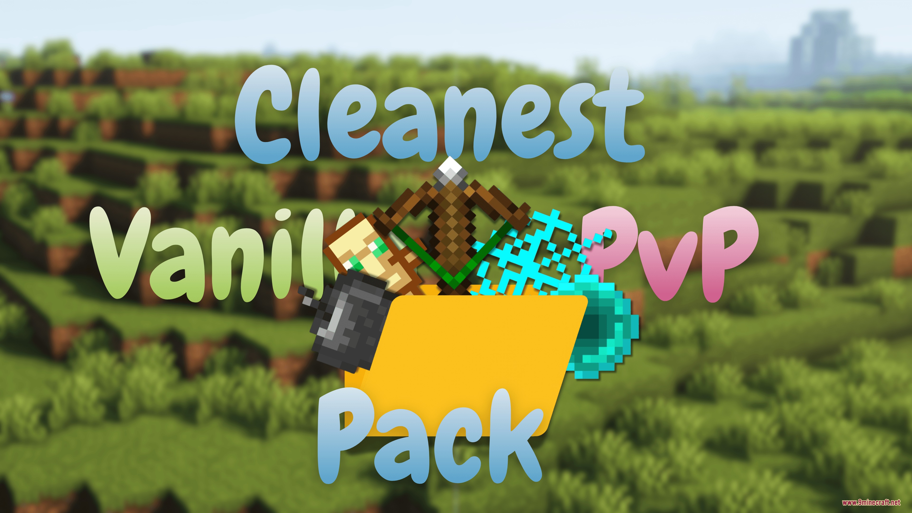 PvP Essentials Overlay Resource Pack Screenshot 1 Promotional image showing combat items and text for a vanilla PvP resource pack