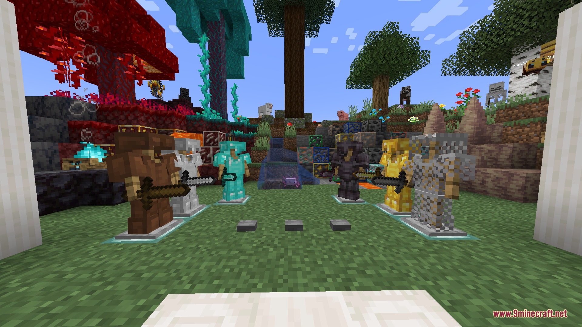 PvP Essentials Overlay Resource Pack Screenshot 2 Various armor sets displayed on stands within a diverse Minecraft landscape environment