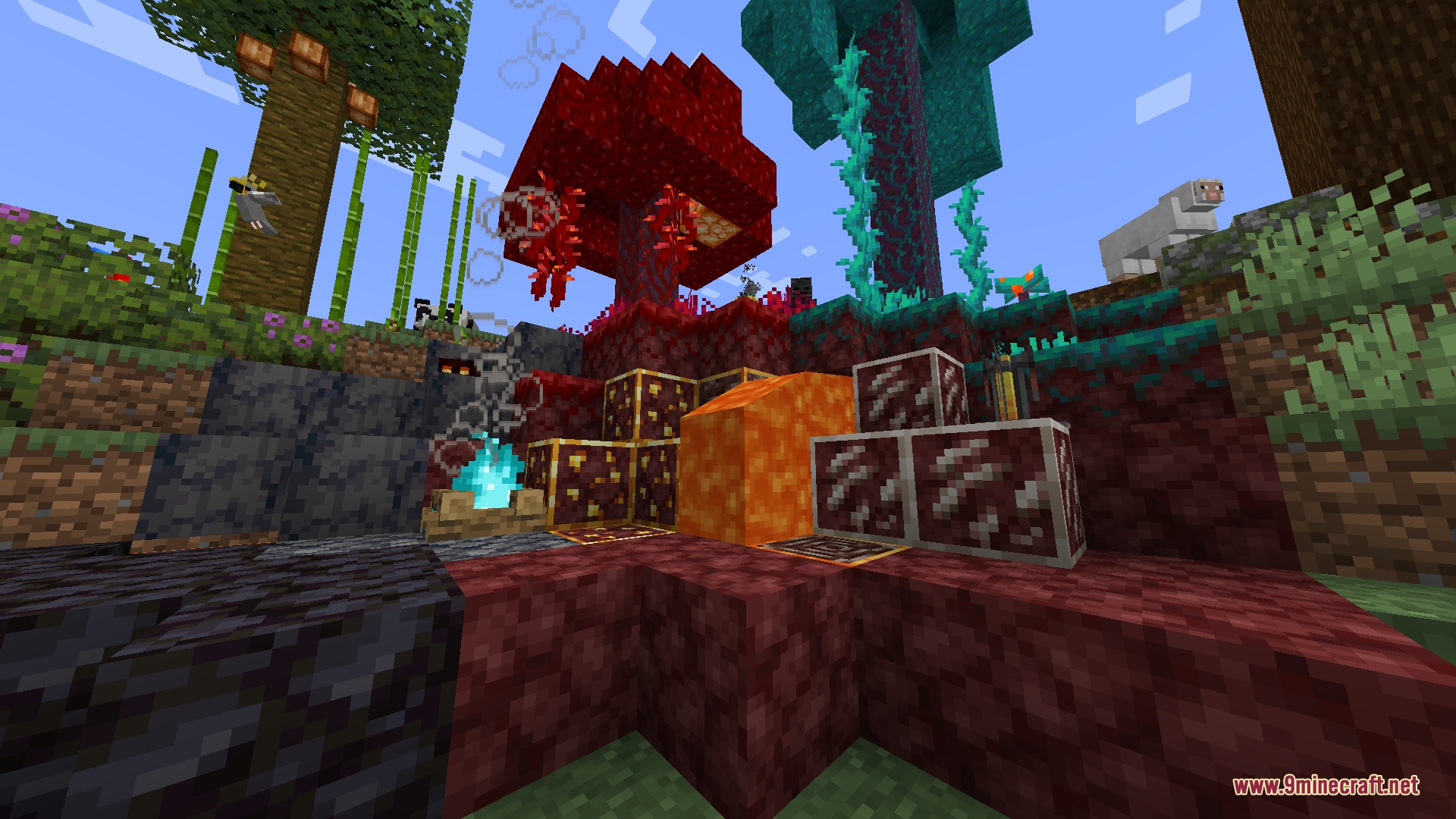 PvP Essentials Overlay Resource Pack Screenshot 4 Showcasing connected glass textures and various nether blocks in a colorful landscape