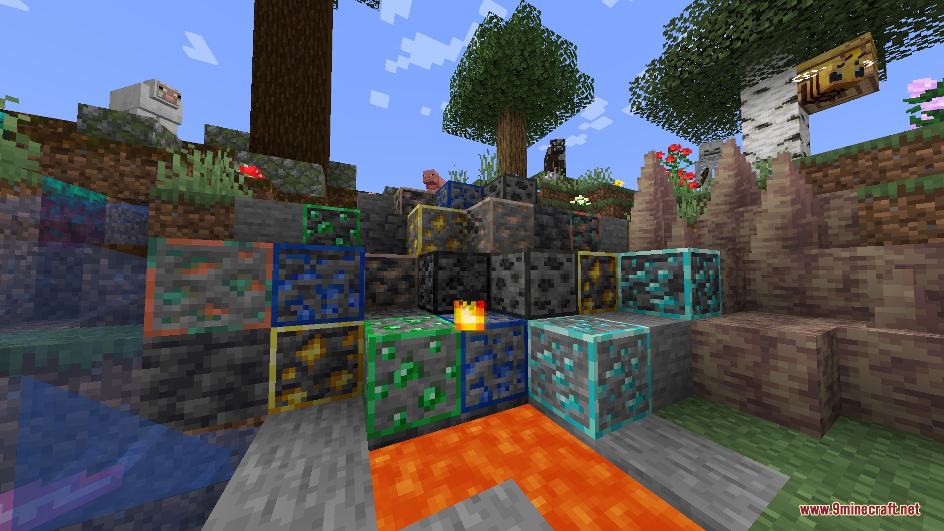 PvP Essentials Overlay Resource Pack Screenshot 6 Various Minecraft ores with bright outlines to make them easier to spot