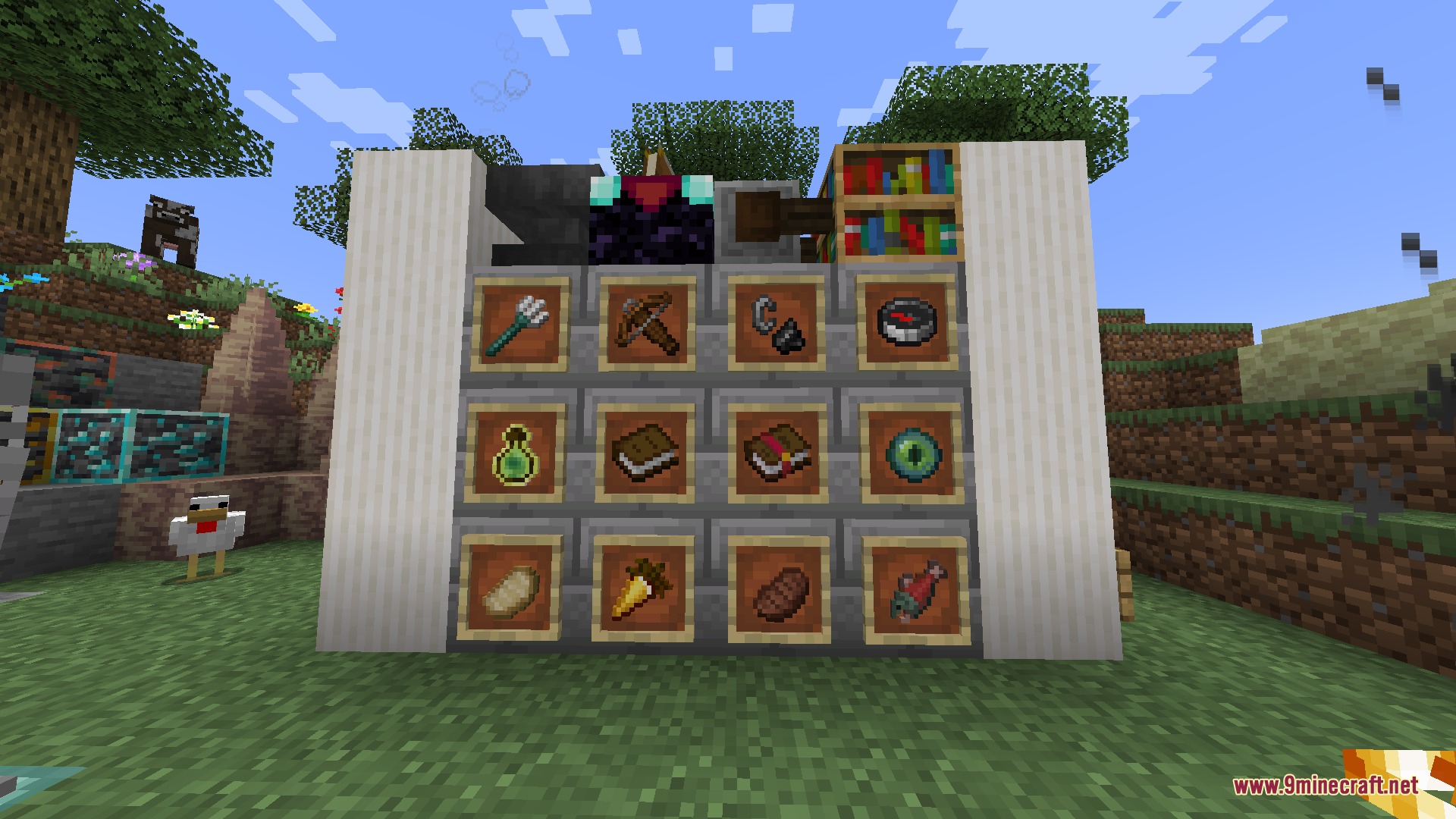 PvP Essentials Overlay Resource Pack Screenshot 7 Anvil and enchantment table above item frames showcasing various survival tools and food