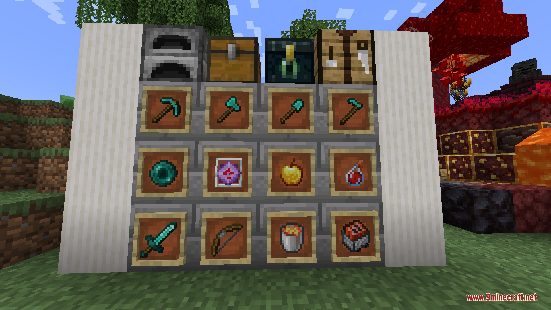 PvP Essentials Overlay Resource Pack Screenshot 8 Furnace and chests above item frames displaying diamond tools and combat items