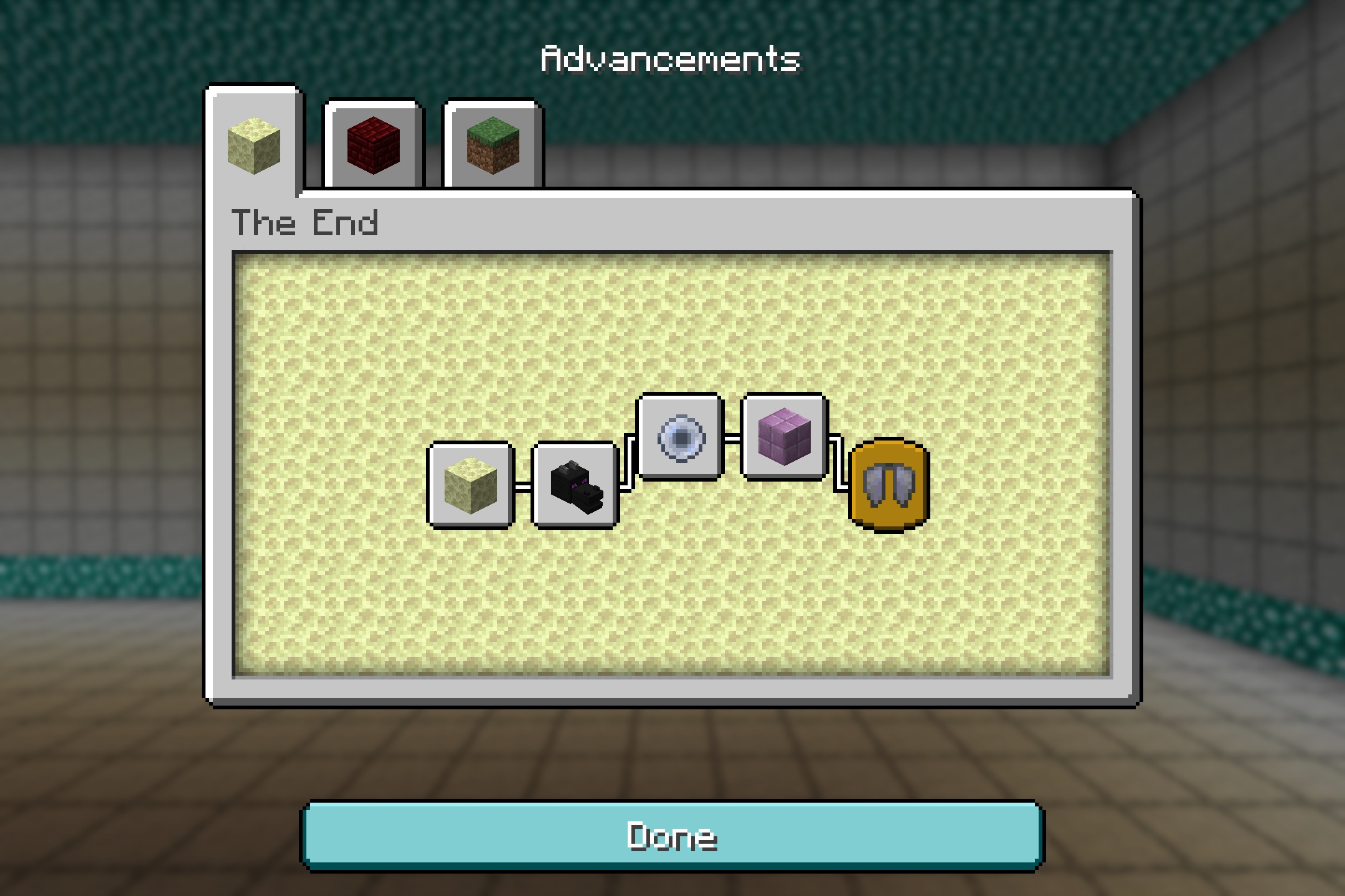 PvP Haimiya Pack + Anime Sky Resource Pack Screenshot 2 The End advancements menu featuring a unique gray and teal anime style interface