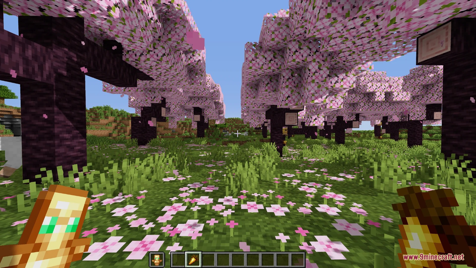PvP Smaller Hand Helds Resource Pack Screenshot 4 Small totem and golden carrot held by player in cherry blossom biome