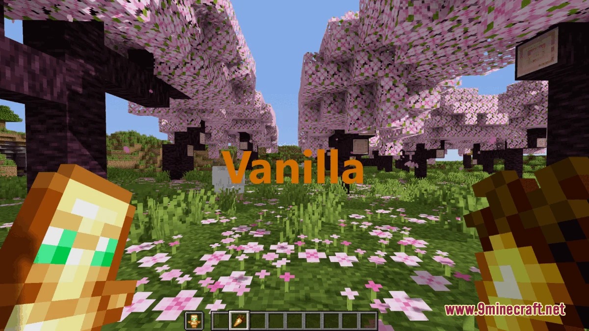 PvP Smaller Hand Helds Resource Pack Screenshot 5 Smaller held items provide a clear view of the cherry blossom forest biome