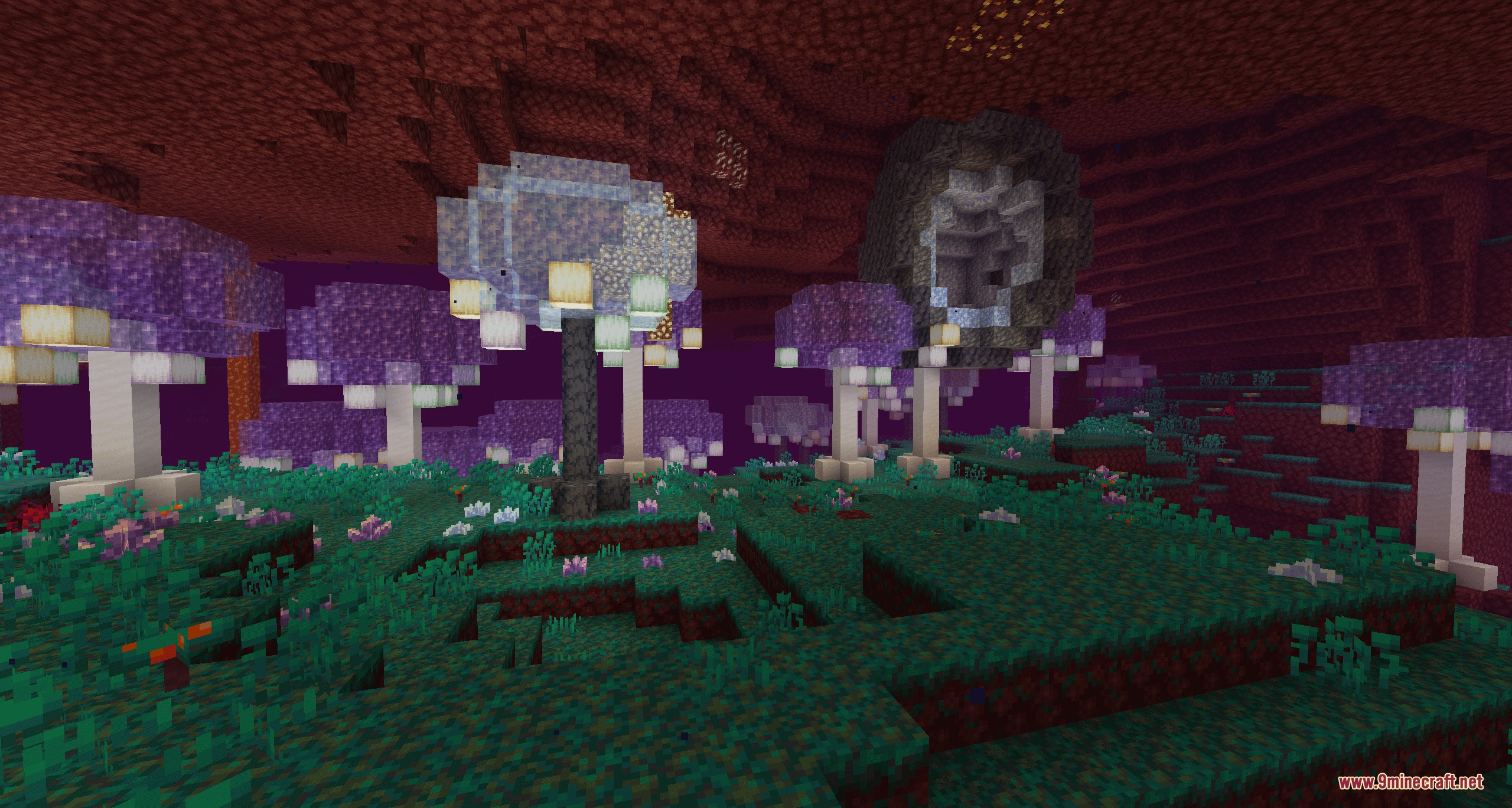 Pyrellium Mod Screenshot 1 Vibrant teal grass and glowing purple mushroom trees in the Mushroom Wastes