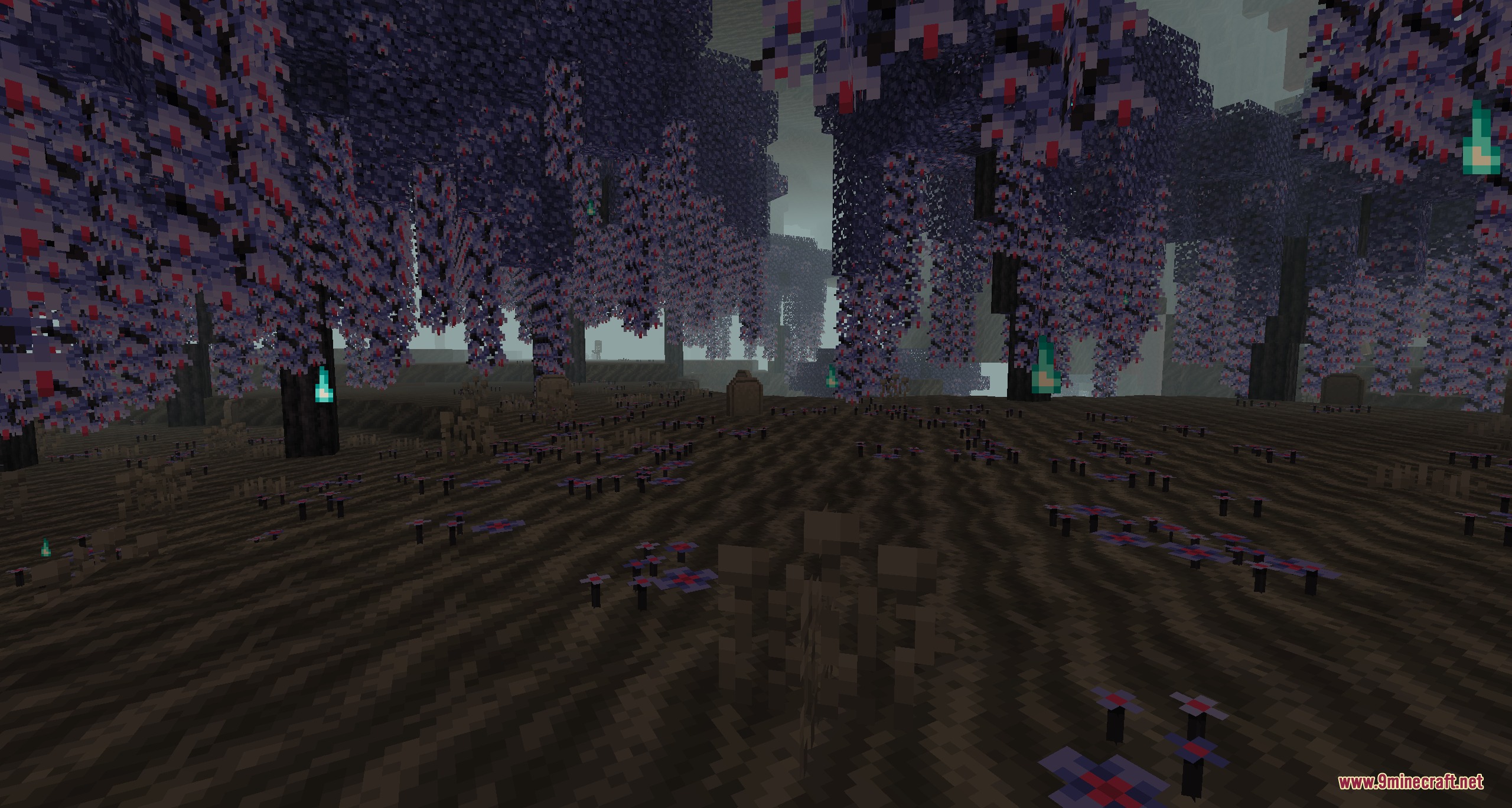 Pyrellium Mod Screenshot 2 Spooky purple trees with hanging vines and soul fire in Ghostly Woods