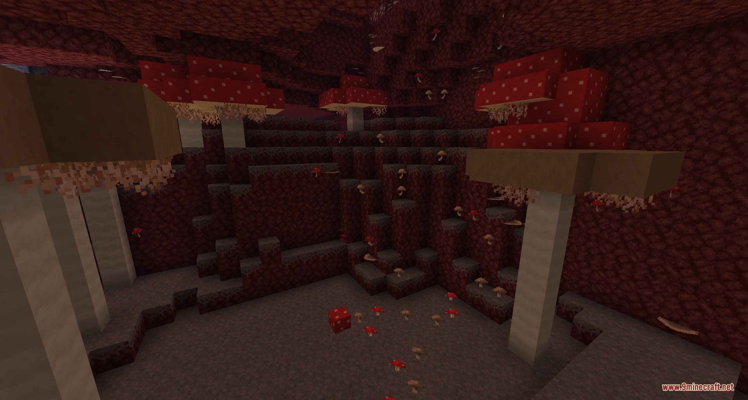 Pyrellium Mod Screenshot 3 Giant red and brown mushrooms grow throughout the dark Mushroom Wastes biome