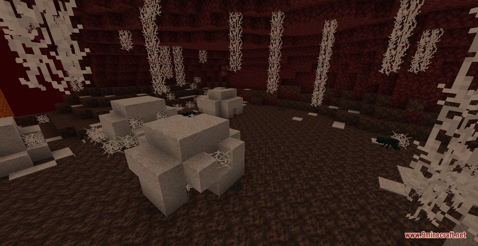 Pyrellium Mod Screenshot 4 Spiders crawl through thick cobwebs and white structures in the Infested Valley