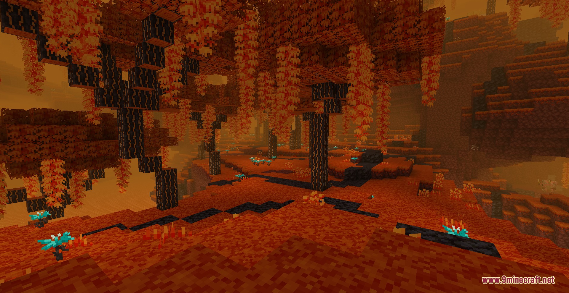 Pyrellium Mod Screenshot 5 Burning Grove biome featuring fiery trees and hanging vines in the Nether