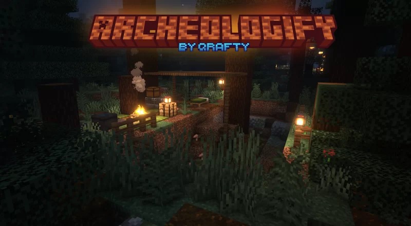 Qrafty's Archeology Dig Sites Data Pack Screenshot 2 Archeologify by Qrafty title screen showing a forest camp with a warm campfire