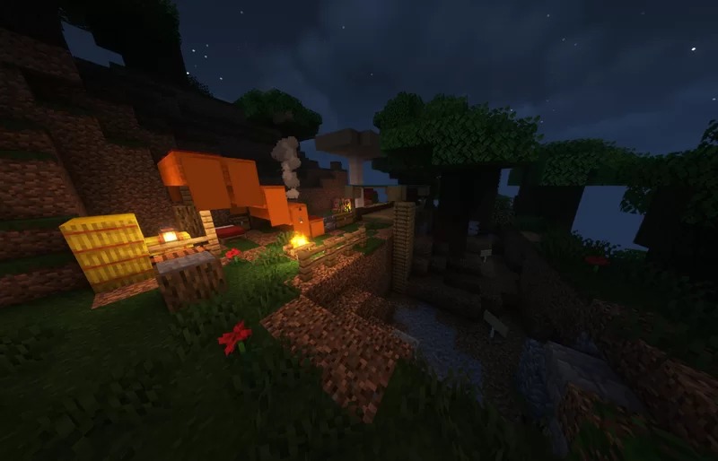 Qrafty's Archeology Dig Sites Data Pack Screenshot 3 An archeology dig site with an orange tent and campfire at night