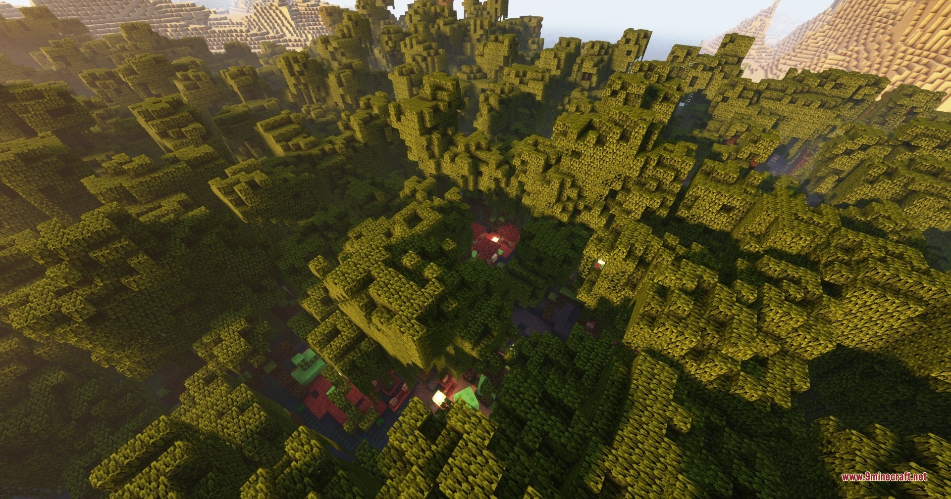 Qrafty's Mangrove Villages Data Pack Screenshot 1 Aerial view of red and green roofs hidden within a dense mangrove forest
