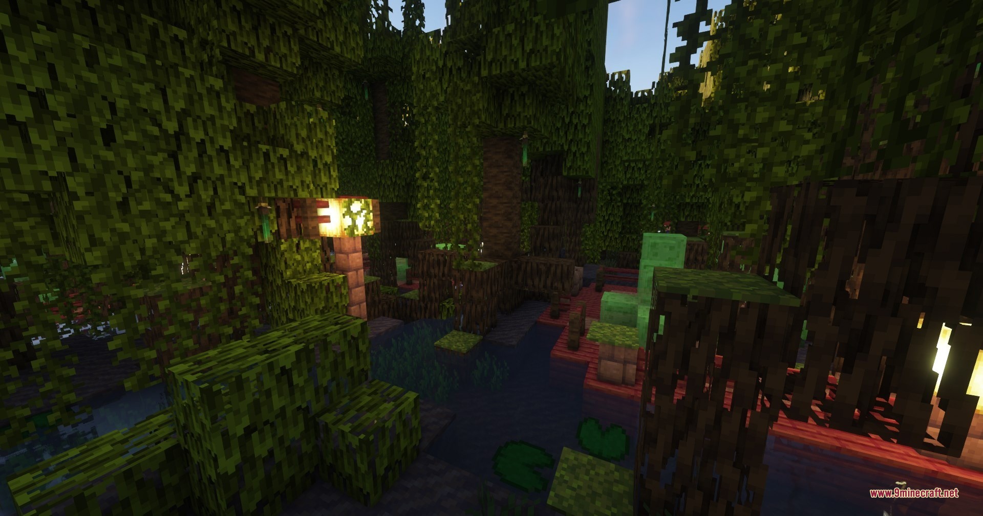 Qrafty's Mangrove Villages Data Pack Screenshot 2 A swamp village featuring wooden structures and slime blocks under mangrove tree roots