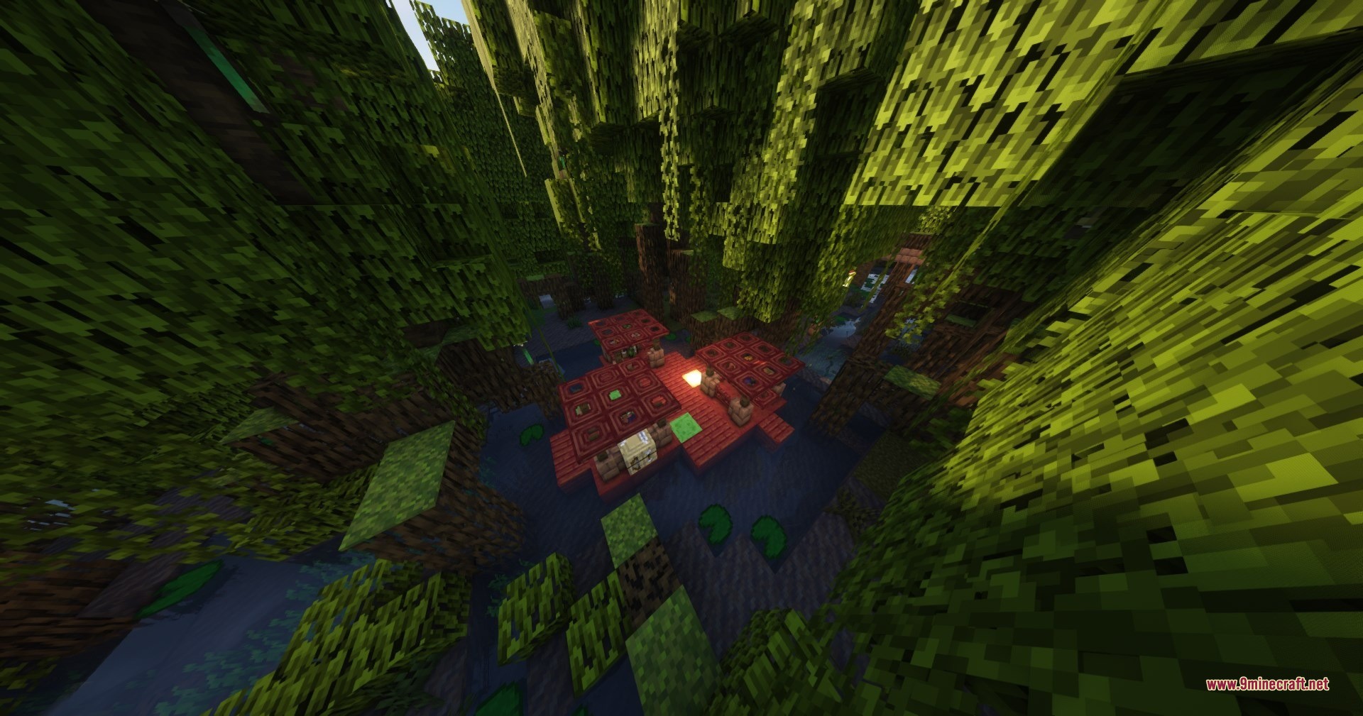 Qrafty's Mangrove Villages Data Pack Screenshot 4 A wooden village structure with red platforms built over dark swamp water