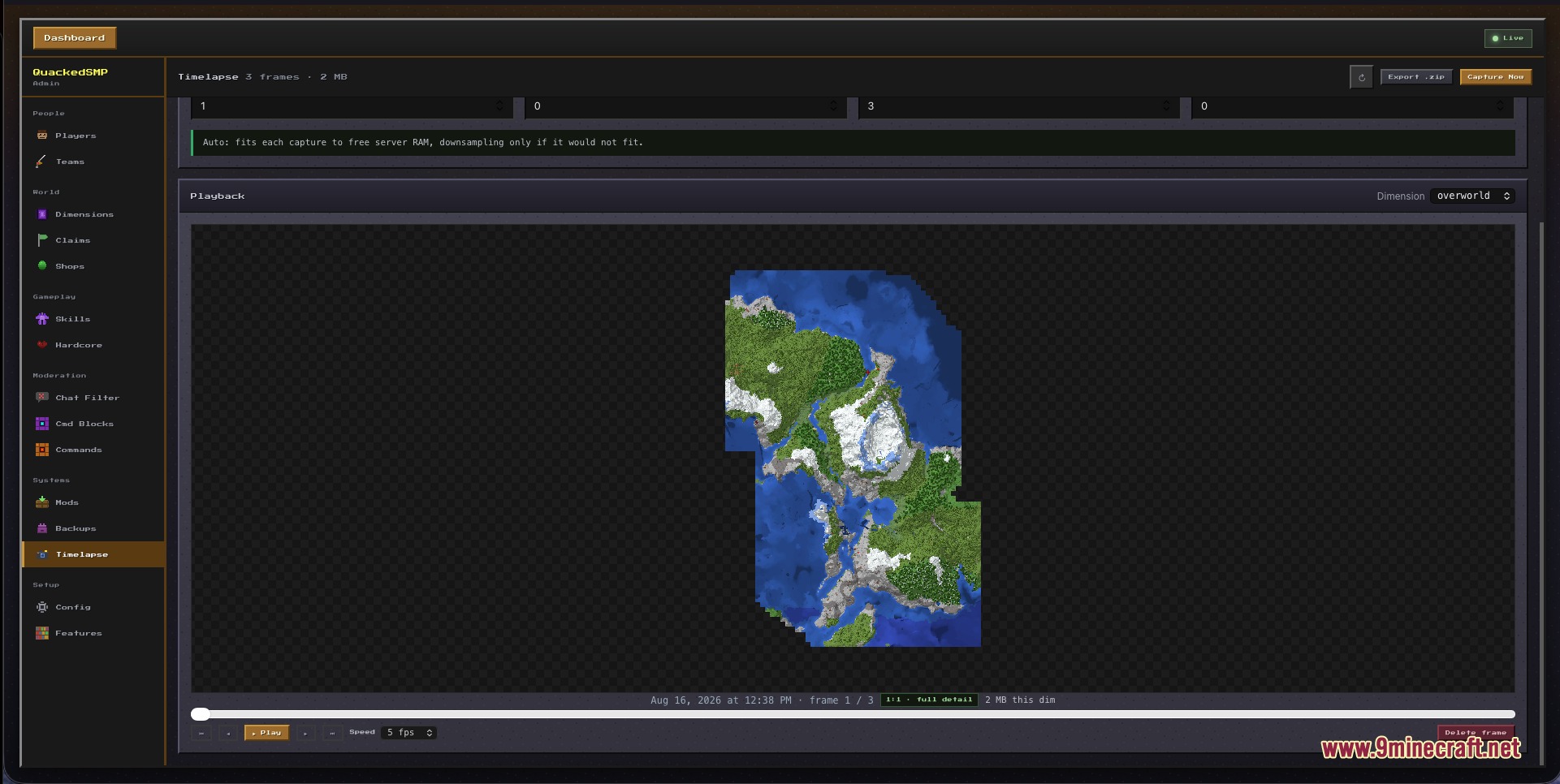 A server management panel showing a rendered map of the game world