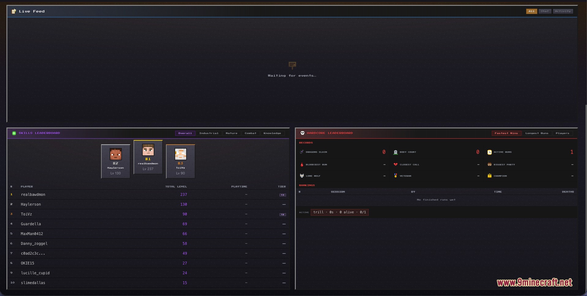 Public dashboard displaying player skill leaderboards and a live server activity feed