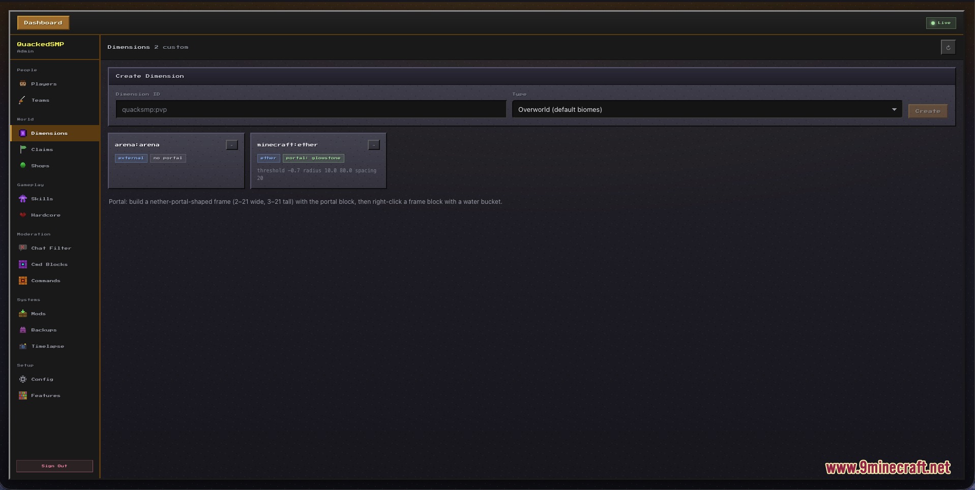 Admin dashboard interface for creating and managing custom server dimensions and portals