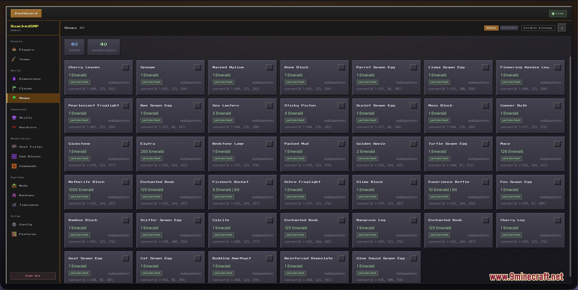 Web dashboard displaying a server shop with items priced in emeralds