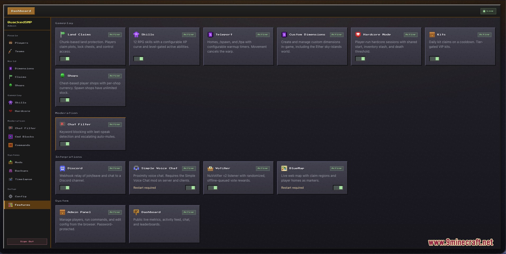A web interface displaying active server modules for the Quacked SMP mod