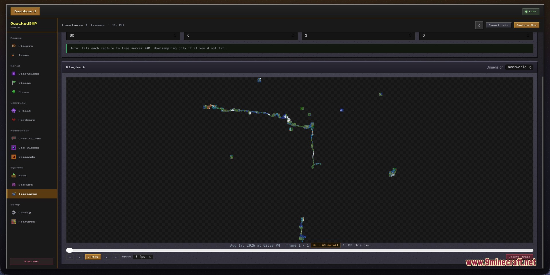The server dashboard displaying a world map timelapse with playback control options