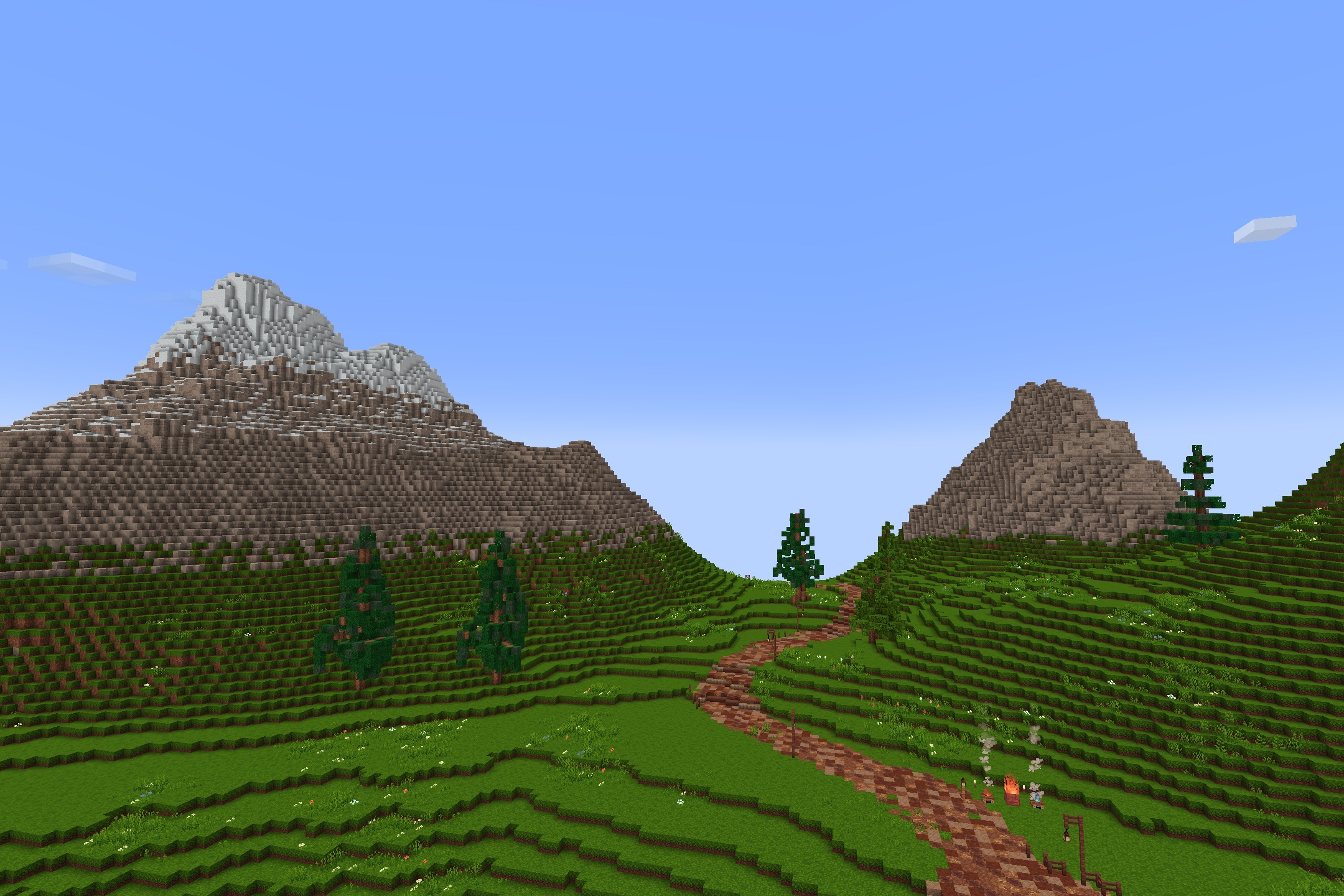 Quadral Pack Resource Pack Screenshot 6 A dirt path winds through a lush green valley between two mountains